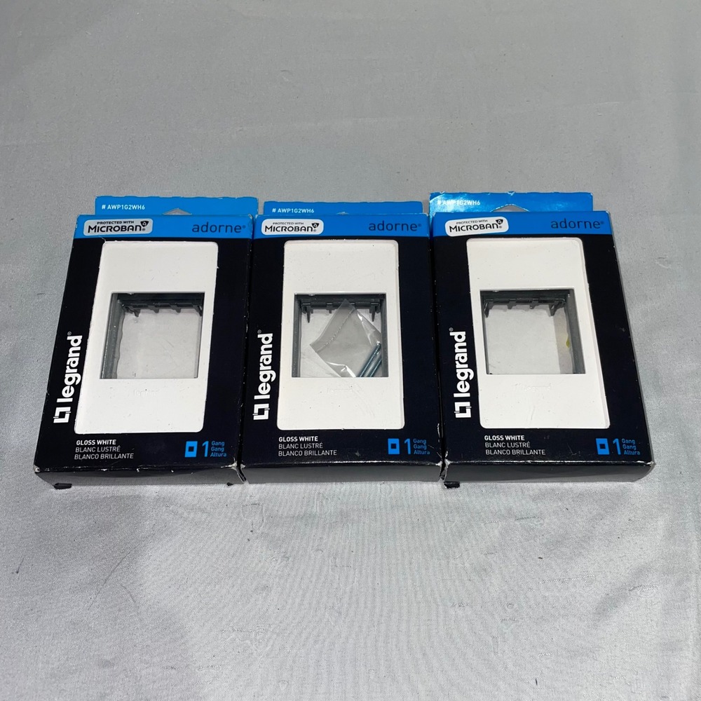 Lot of 3 Legrand Adorne 1-Gang Screwless Wall Plate Gloss White Microban